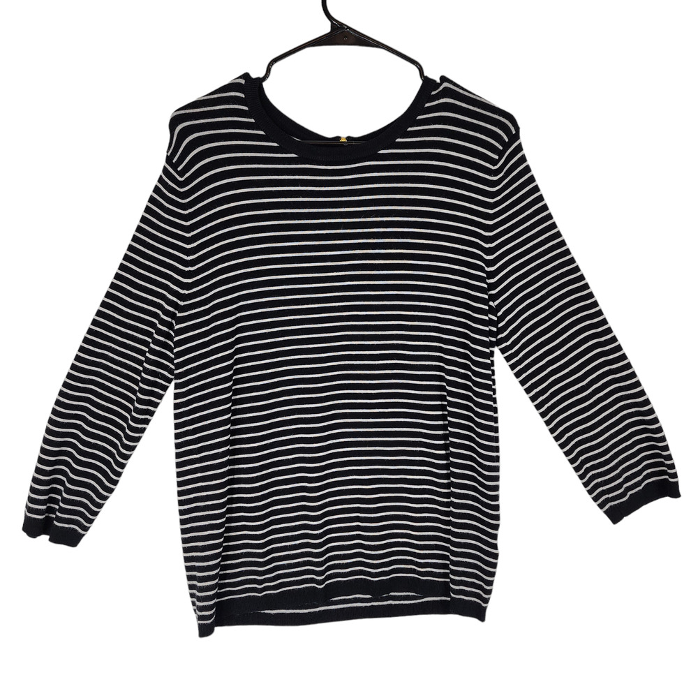 Philosophy Striped Sweater L Women Black White‎ 3/4 Sleeve Back Zipper Fuzzy